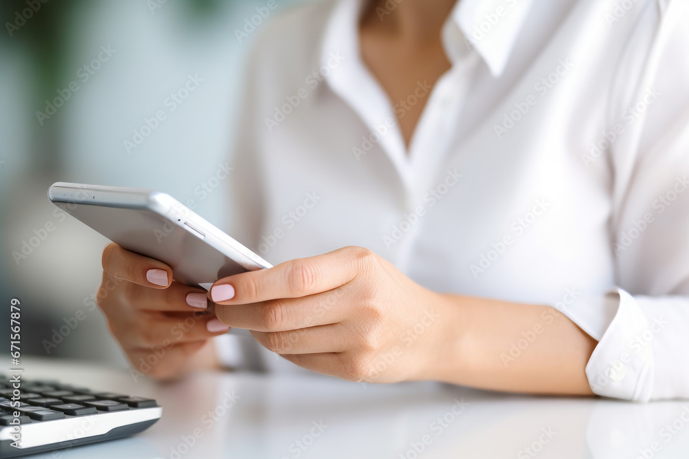 Fototapeta premium A woman uses her smartphone to access SNS and email on her days off. Advanced AI technology has evolved the global network of the Internet and completely changed the way she gathers information.