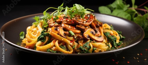 Udon with mushrooms and spinach on a plate placed on a concrete background with mushrooms nearby