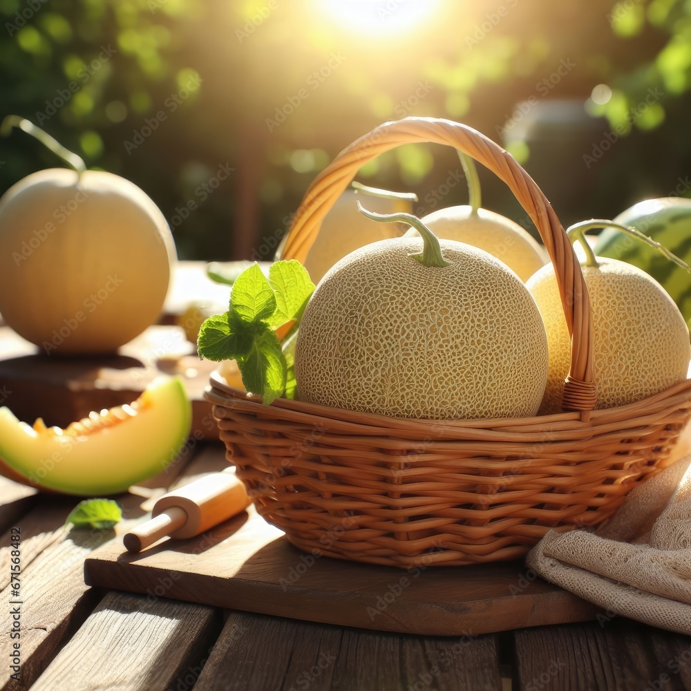 melon in a basket on a wooden table background  sunshine