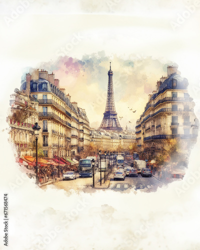 Watercolor painting of Paris with Eiffel Tower