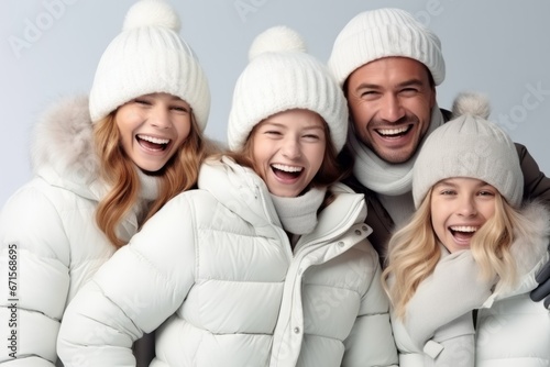 Photo of cheerful family mommy daddy daughter happy positive smile look winter trip outdoors