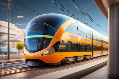 High-speed modern designer train rides rails in city,Ai-generated