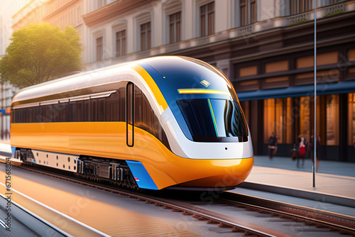 High-speed modern designer tram rides rails in city,Ai-generated