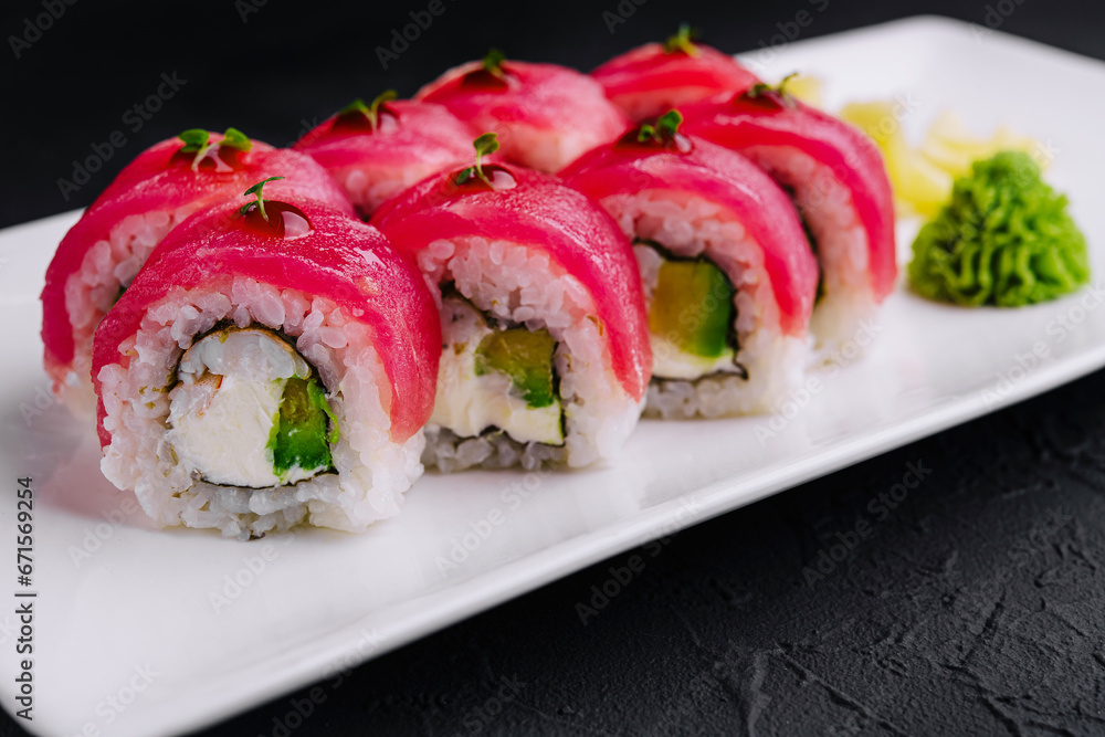 Sushi roll Maguro with tuna and shrimp Sushi roll Maguro with tuna and shrimp