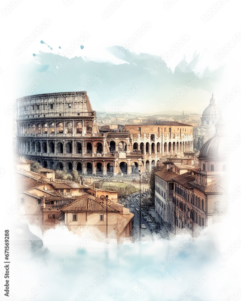 Watercolor painting of Rome with Colosseum