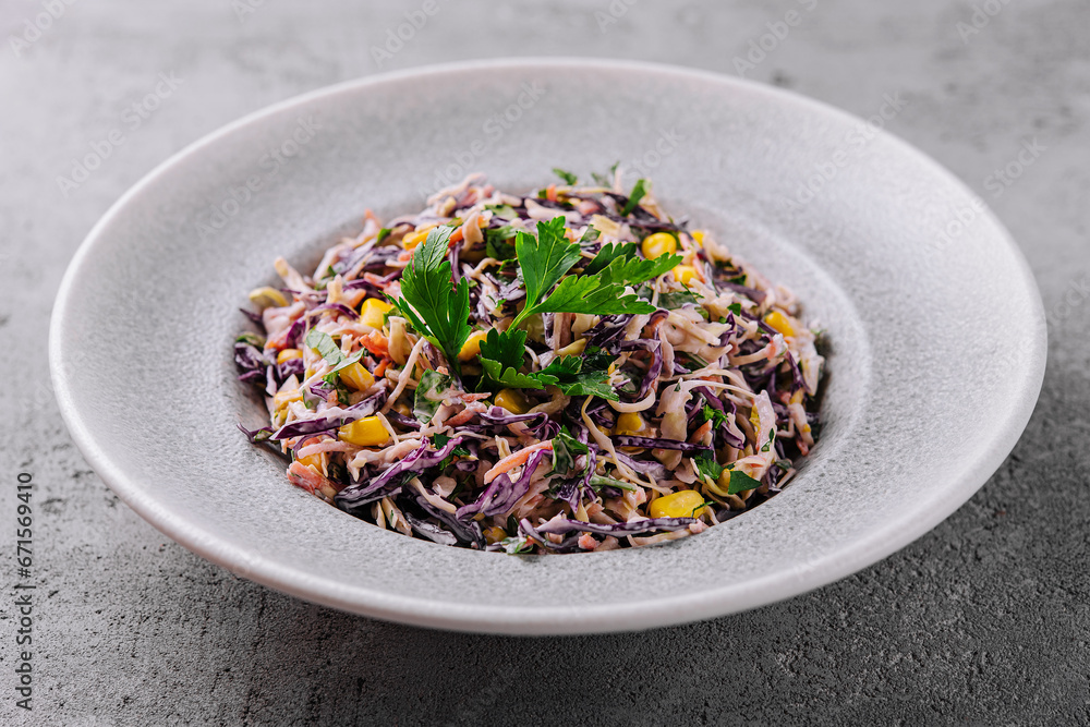 Fresh red cabbage salad with corn