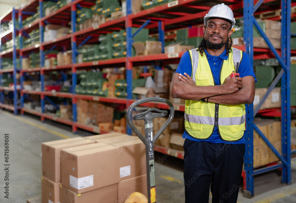 Portrait of male supervisor standing at storage shelf in warehouse with his arm crossed looking at camera. Confident multiracial logistic manager employee in safety uniform working with stock in store Portrait of male supervisor standing at storage shelf in warehouse with his arm crossed looking at camera. Confident multiracial logistic manager employee in safety uniform working with stock in store