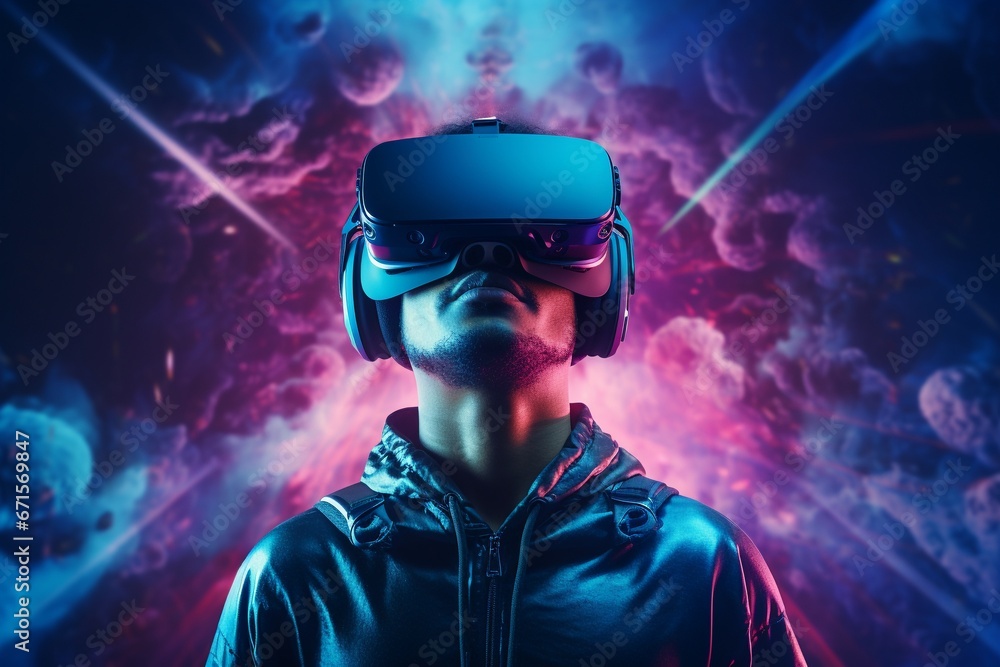 Man in Virtual Reality Headset in Future Metaverse Man in Virtual Reality Headset in Future Metaverse