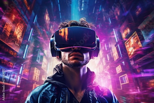 Man in Virtual Reality Headset in Future Metaverse