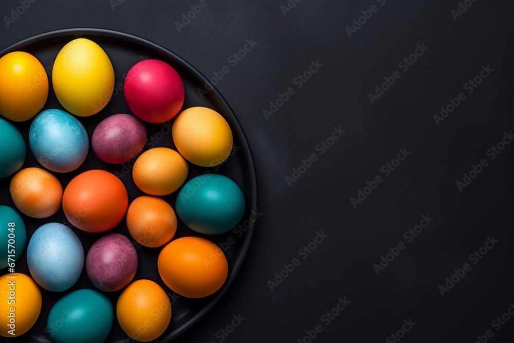 Top View Colorful Painted Easter Eggs on Black Background Top View Colorful Painted Easter Eggs on Black Background