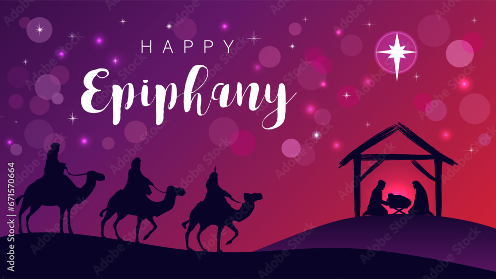 Happy Epiphany, Nativity scene with wise men, Jesus in manger and Bethlehem star. Vector illustration Happy Epiphany, Nativity scene with wise men, Jesus in manger and Bethlehem star. Vector illustration