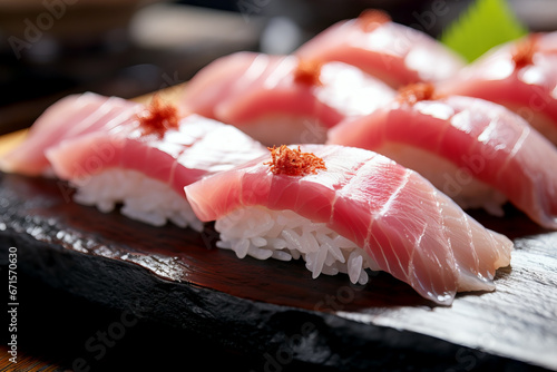 Close up of fresh maguro sushi in background of modern restaurant with Japanese food. Lifestyle concept of food and dish.