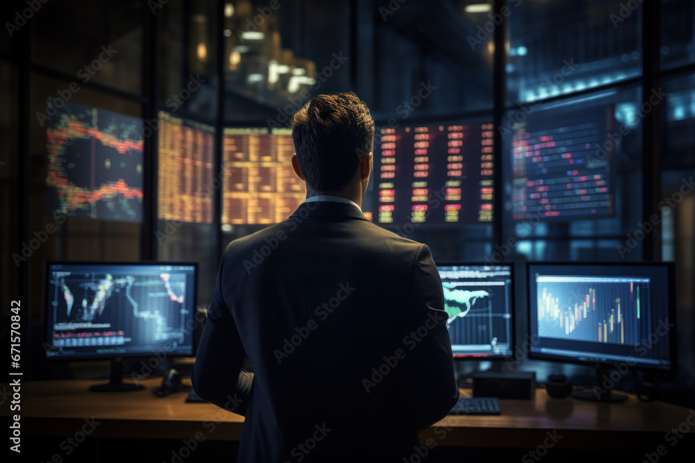Rear view of businessman stock financial specialist trader broker working with monitor screen with stock chart, graph and indicators in agency at night Rear view of businessman stock financial specialist trader broker working with monitor screen with stock chart, graph and indicators in agency at night