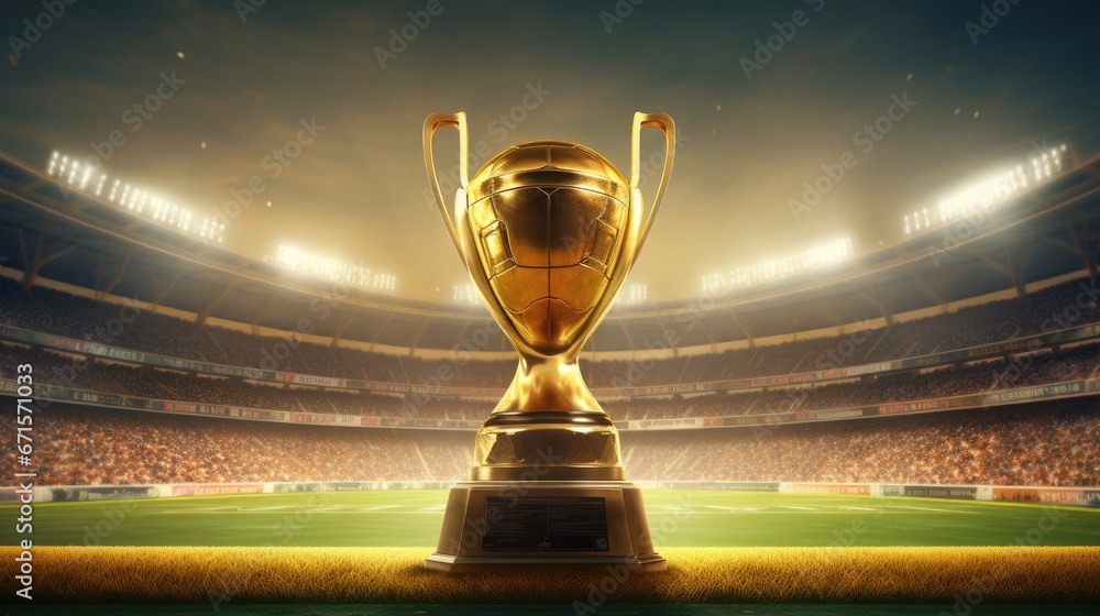 Sports Champion Big gold Trophy with sports stadium background - obrazy, fototapety, plakaty 