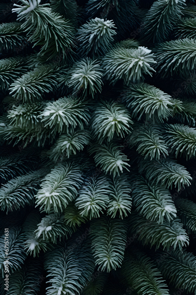 Fir branches covered with frost abstract background. Vertical composition.