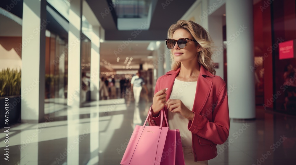 A fashionable, young happy girl walks in with her purchases from a shopping spree. Discounts and promotions in stores A fashionable, young happy girl walks in with her purchases from a shopping spree. Discounts and promotions in stores