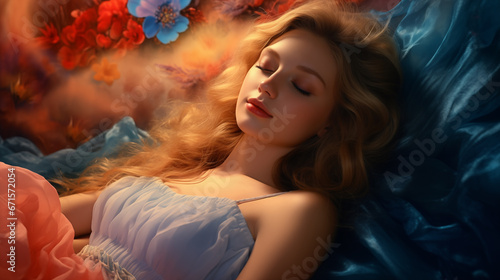 Gorgeous princess having comfort sleep among flower bloom generative ai #671572054