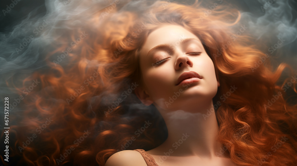 Closeup view on happy young sleeping red-haired woman generative ai