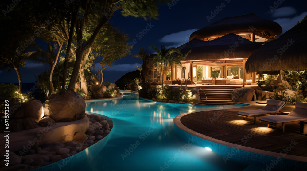 Luxurious tropical resort pool in the night.