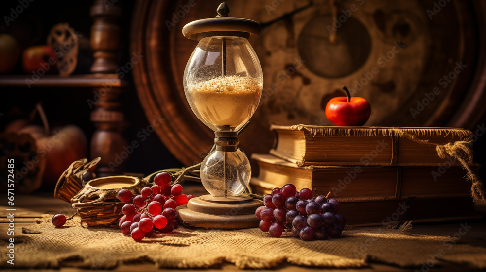 Vintage still life with sand hourglass, books stack and fruits generative ai