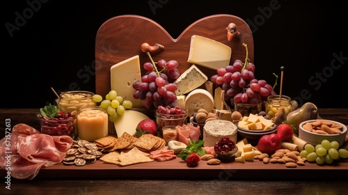 diorama of an elegant setup of heart-shaped charcuterie boards with an assortment of cheeses, cured meats, and fresh fruits, romantic culinary experience for Valentine's Day