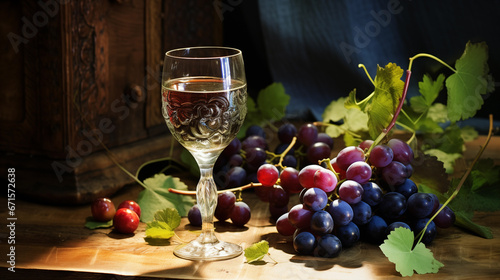Glass of wine and ripe grapes bunch on table generative ai