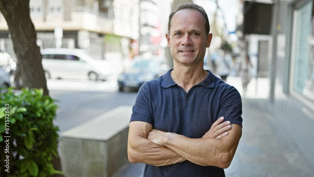 Confident middle age man gleefully smiling, standing with a cool, relaxed, arms crossed gesture on an urban street, radiating an aura of joy and positivity under the sunlight. Confident middle age man gleefully smiling, standing with a cool, relaxed, arms crossed gesture on an urban street, radiating an aura of joy and positivity under the sunlight.