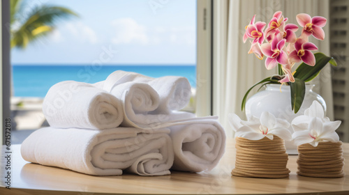  Luxury hotel room with Plumeria and towels.