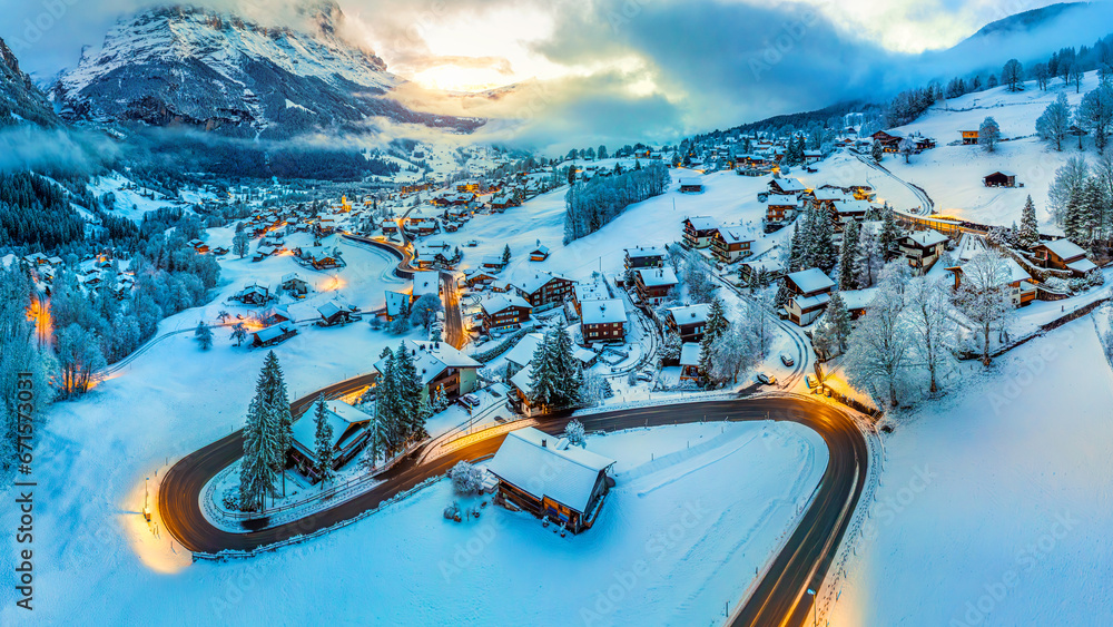 Panorama of Grindelwald at twilight in winter, Switzerland. - obrazy, fototapety, plakaty 