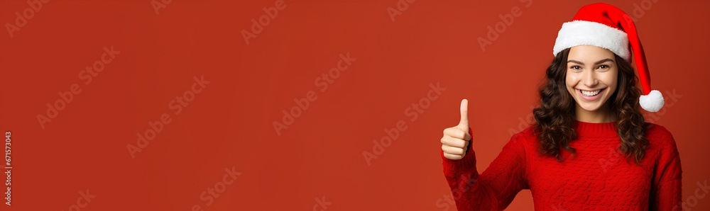 A smiling cute girl in a Santa hat and a Christmas sweater shows a like, thumbs up, on a red background with an empty space to copy. A smiling cute girl in a Santa hat and a Christmas sweater shows a like, thumbs up, on a red background with an empty space to copy.