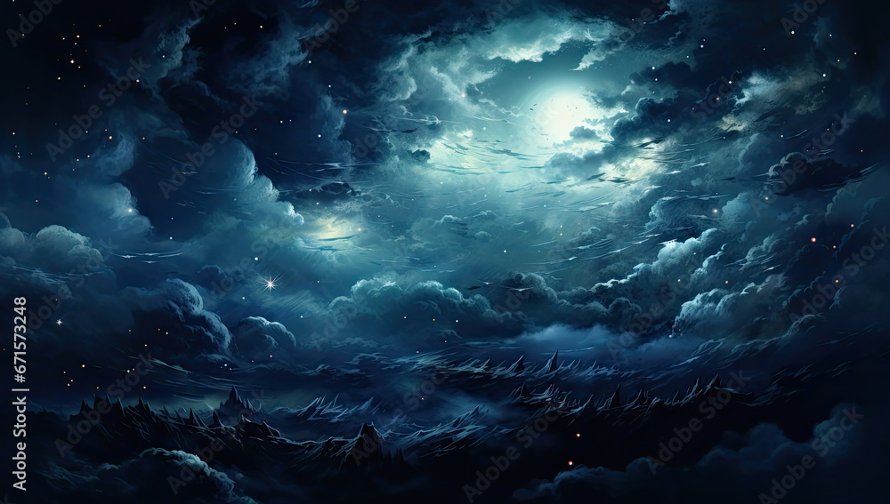 Górski krajobraz nocą z gwiaździstym niebem, chmurami i światłem księżyca.  - obrazy, fototapety, plakaty 