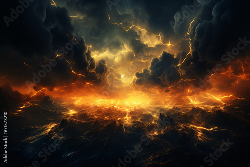 Storm warning - Weather background banner - Amazing lightning storm in orange light and dark clouds on sky 