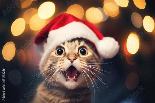 Surprised cat in Santa red hat with open mouth on Christmas background