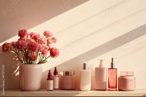Zestaw kosmetyków na półce w łazience przy kremowej ścianie.  photo