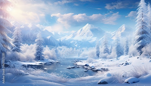 Zimowy górski krajobraz z lasem i górami pokrytymi śniegiem.  © Bear Boy 