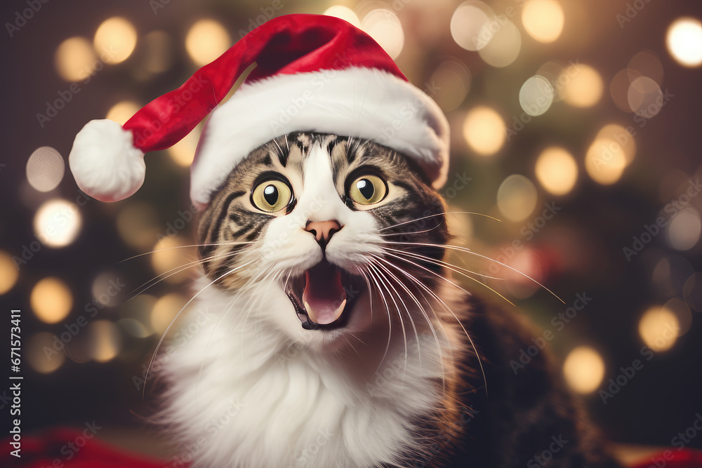 Surprised cat in Santa red hat with open mouth on Christmas background Surprised cat in Santa red hat with open mouth on Christmas background