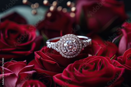 Pierścionek zaręczynowy wysadzany kamieniami szlachetnymi i diamentami na płatkach róż. 