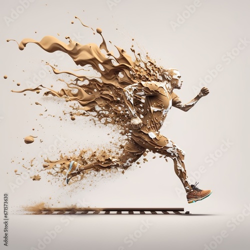 Man made from coffee splashes is running with high speed next to the train, time pressure, caffeine energy, being in a hurry for work life squirrel wheel beans turbo fast rail big step Generative AI 