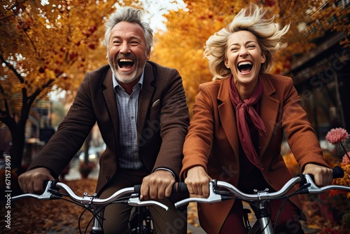 Szczęśliwa para starszych ludzi jadąca na rowerze po parku jesienią.  photo