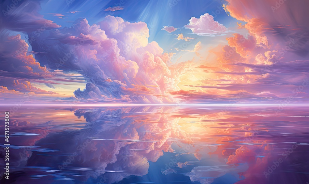 Kolorowe chmury w stylu anime. Kolorowy rysunek w pięknych pastelowych kolorach. Chmury odbijające się w oceanie.  - obrazy, fototapety, plakaty 