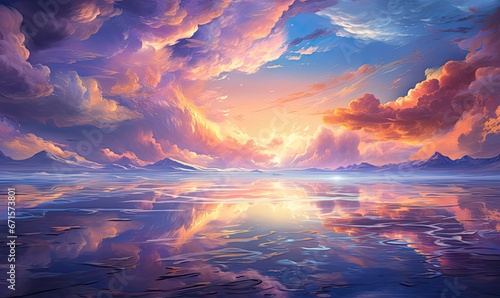 Kolorowe chmury w stylu anime. Kolorowy rysunek w pięknych pastelowych kolorach. Chmury odbijające się w oceanie.  © Bear Boy 