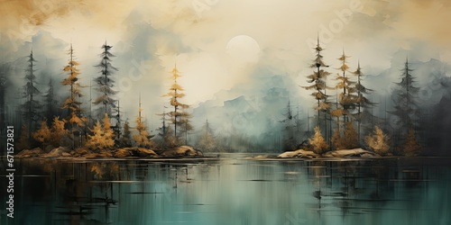 Naklejka Obraz przedstawiający las nad jeziorem. 
