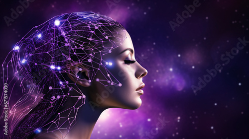 3D rendering of a female head with a network on the background of space