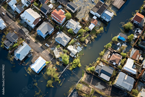 Aerial view of houses flooded with dirty water of a river. Buildings and cars submerged in water during an overflow of water.