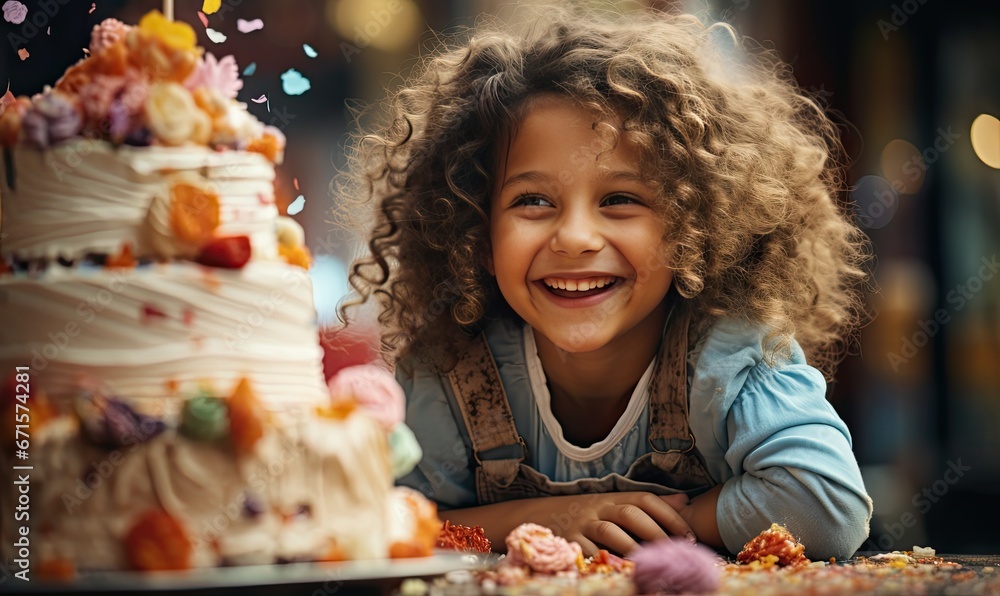 Szczęśliwa dziewczynka z kręconymi włosami zdmuchuje świeczki na torcie urodzinowym.  - obrazy, fototapety, plakaty 
