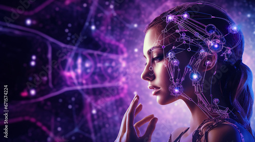 Cyborg woman with circuit brain on dark background. 3d rendering
