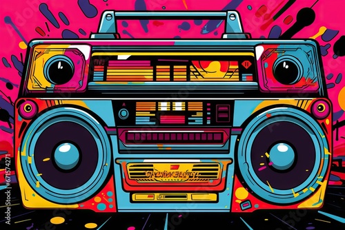 Retro outdated portable stereo boombox radio cassette recorder in fluorescent neon style. Radio and tape cassette player. Retro music poster, 80s and 90s funky colorful design. Memphis music party