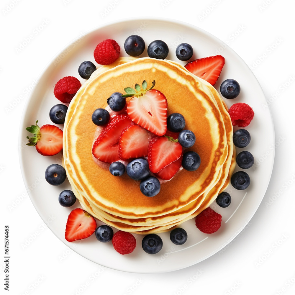Delicious Pancakes with berries on plate top view on isolated white background - ai generative