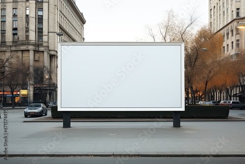Pusty biały billboard reklamowy z budynkami mieszkalnymi w tle. 