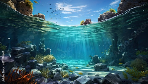 Podwodne widok na rafę koralową i niebieskie niebo. 